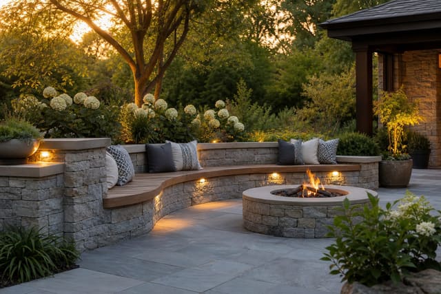 Outdoor Seat Wall Ideas: Multi-Function Stone and Masonry Seating shown as a photorealistic outdoor redesign with layered materials, planting, lighting, and clear circulation