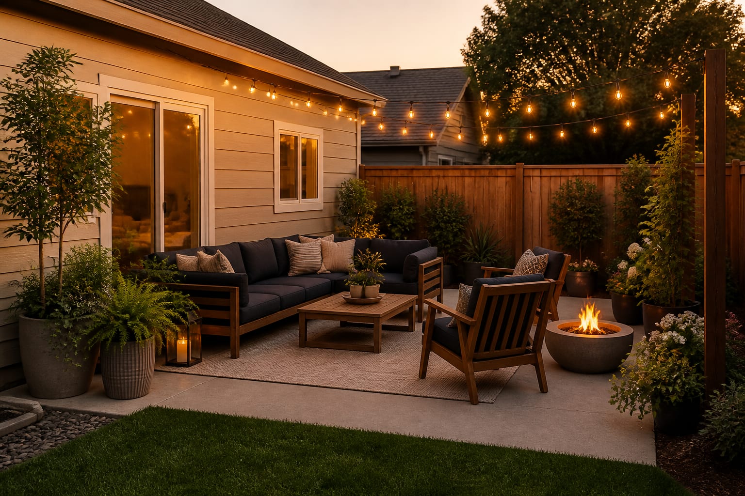 Same patio redesigned into a layered outdoor seating area with a sectional, outdoor rug, low table, and warm string lights after redesign