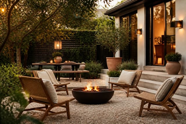 Outdoor Seating Area Ideas Beyond the Basic Patio Set, shown as warm editorial Re-Design photography with believable residential scale, natural light, clear material detail, no overlaid text, no watermark