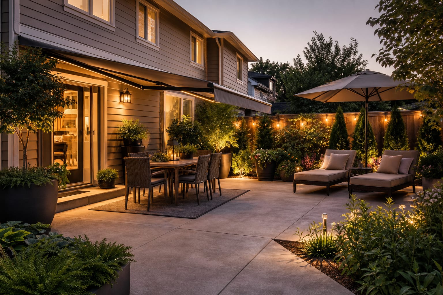 same patio angle with a retractable awning over dining, a side umbrella near lounge chairs, planters, and softened paving glare