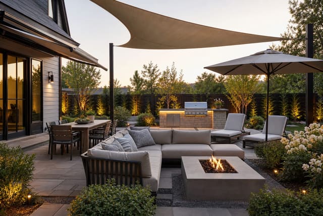 Outdoor Shade Ideas: Sail Shades, Umbrellas, and Retractable Awnings shown as a photorealistic outdoor redesign with layered materials, planting, lighting, and clear circulation