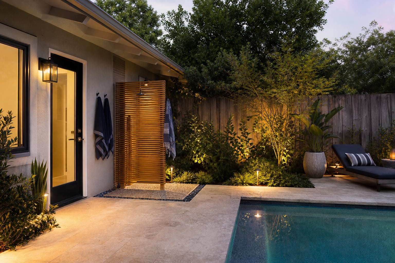 Same poolside corner redesigned with a slatted outdoor shower, stone drainage pad, towel hooks, privacy planting, and low warm lighting