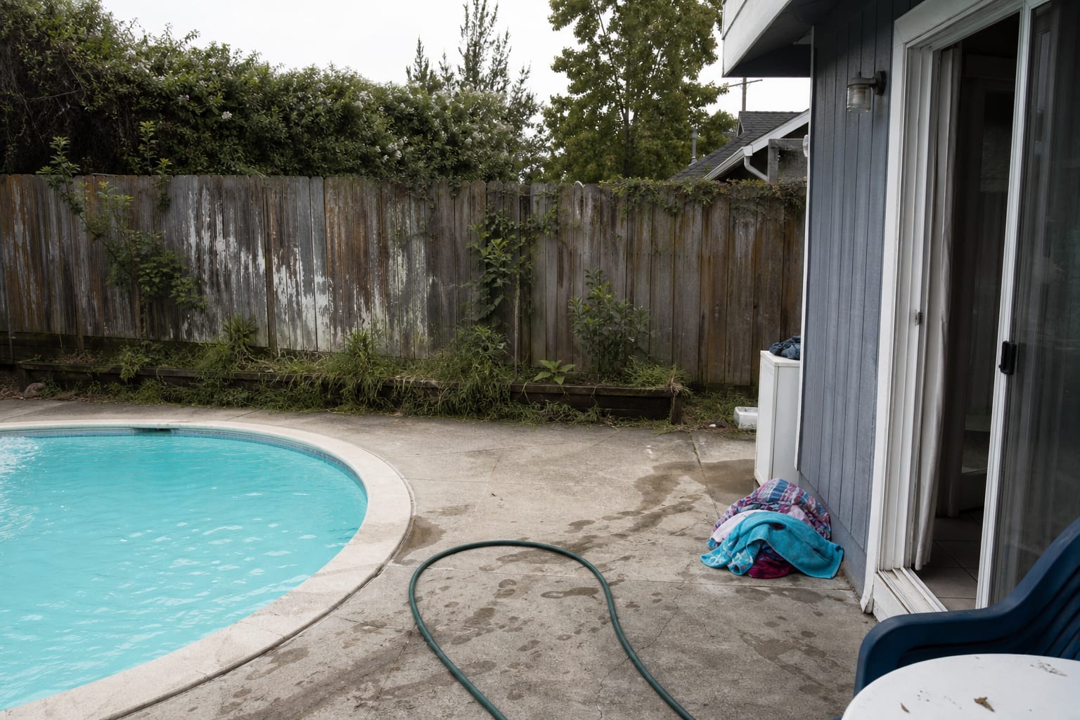 Poolside concrete corner with muddy towel pile, hose on the ground, bare fence, and no place to rinse before entering the house