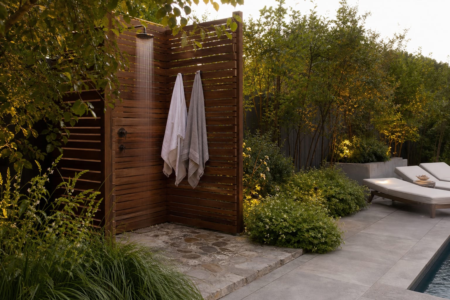 Backyard outdoor shower with slatted wood privacy screen, stone floor, towel hooks, and planting near a pool path