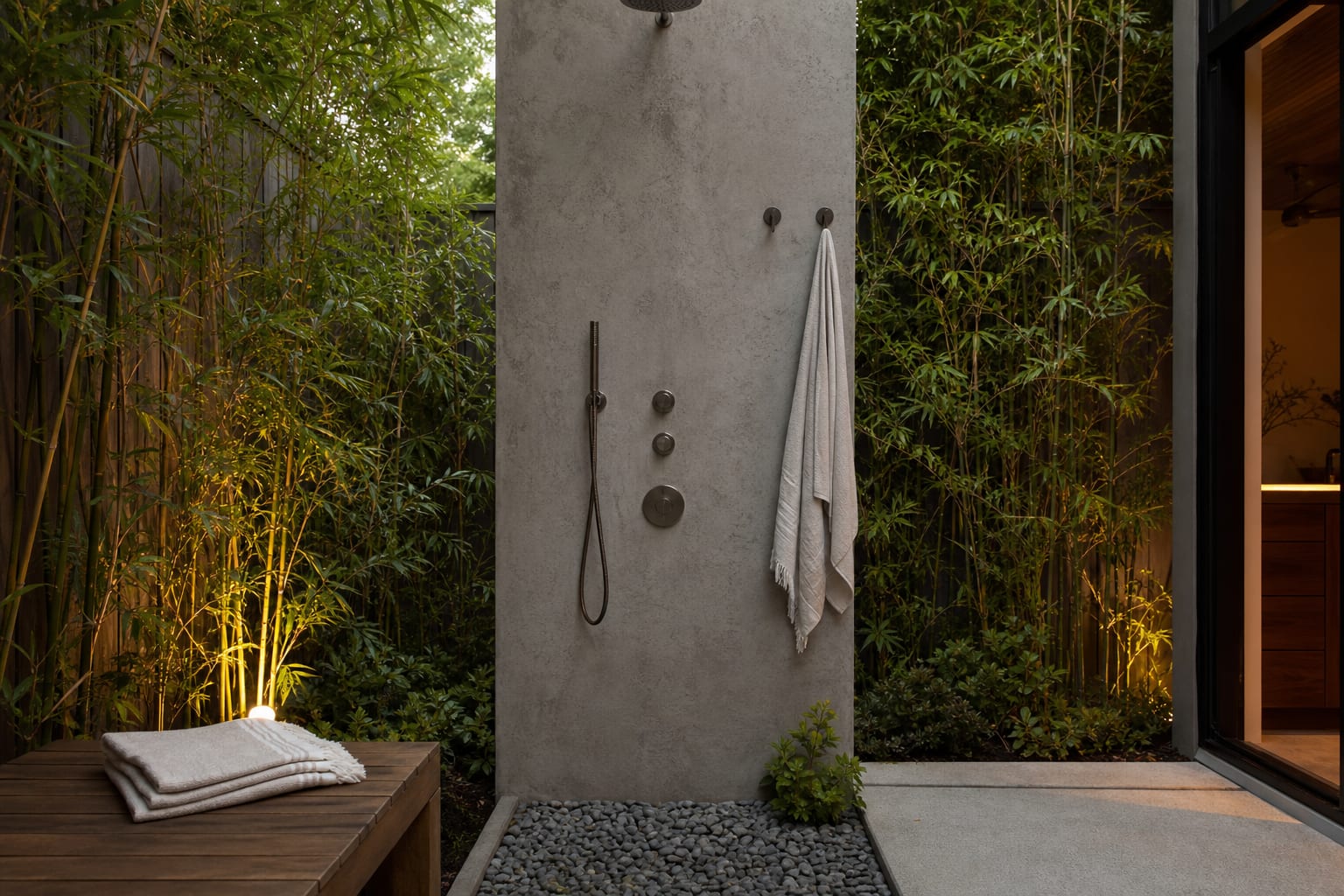 Outdoor shower wall with handheld sprayer, gravel drainage bed, towel pegs, and dense privacy planting