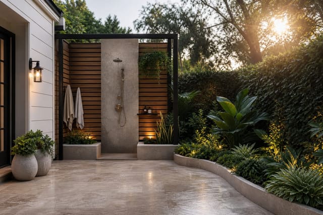 Outdoor Shower Ideas: The Backyard Upgrade Worth Installing shown as a photorealistic outdoor redesign with layered materials, planting, lighting, and clear circulation
