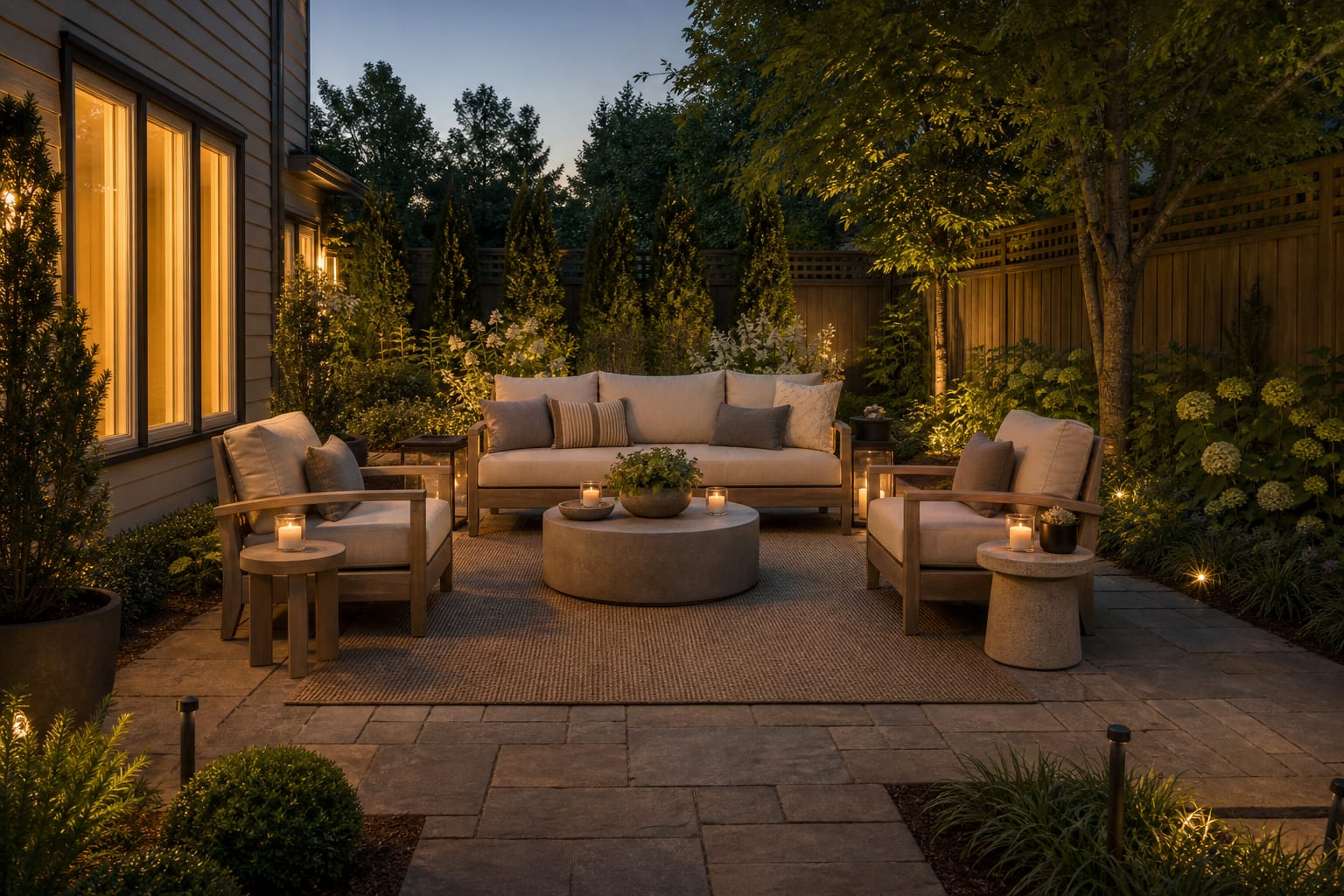 The same patio angle with teak and ceramic side tables beside each seat, lanterns, planters, and a more complete seating arrangement.