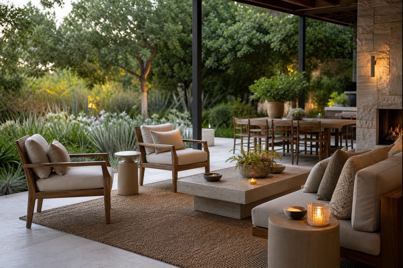 covered patio lounge with teak and ceramic side tables placed beside outdoor chairs and a low sofa
