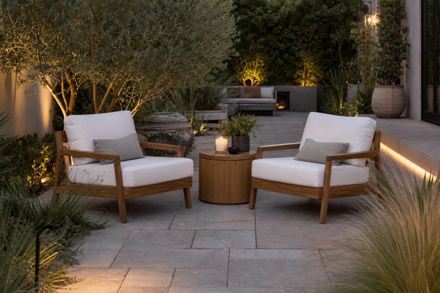 two outdoor lounge chairs sharing a round teak side table with enough clearance for circulation on stone pavers