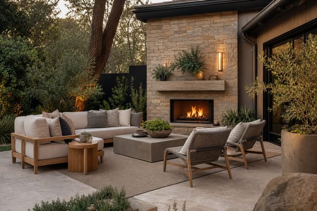 Outdoor Side Table Ideas: Small Pieces That Complete an Outdoor Setup shown as a photorealistic outdoor redesign with layered materials, planting, lighting, and clear circulation