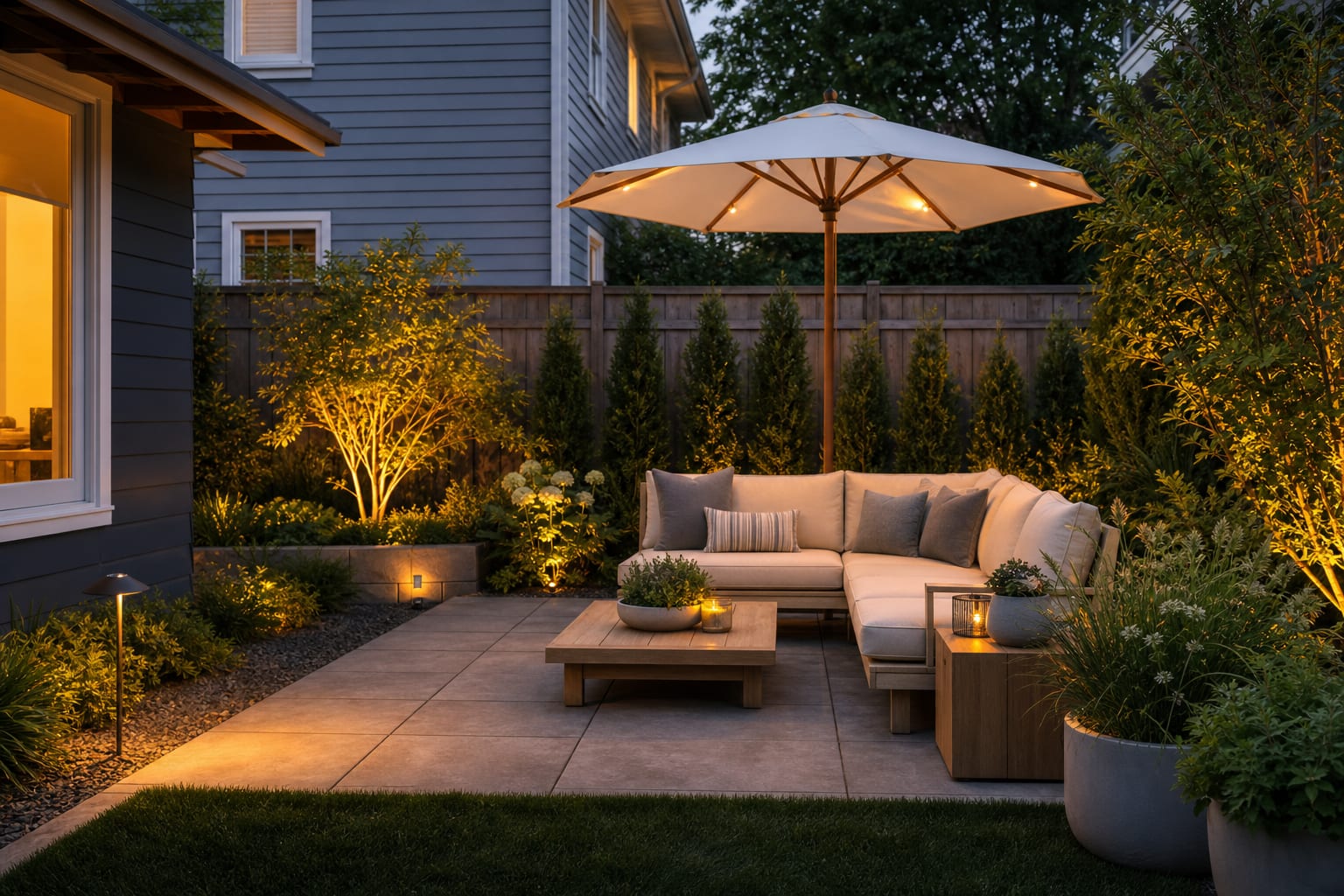 Same patio angle redesigned with a powder-coated aluminum outdoor sofa, thick cushions, teak tables, planters, and umbrella shade.