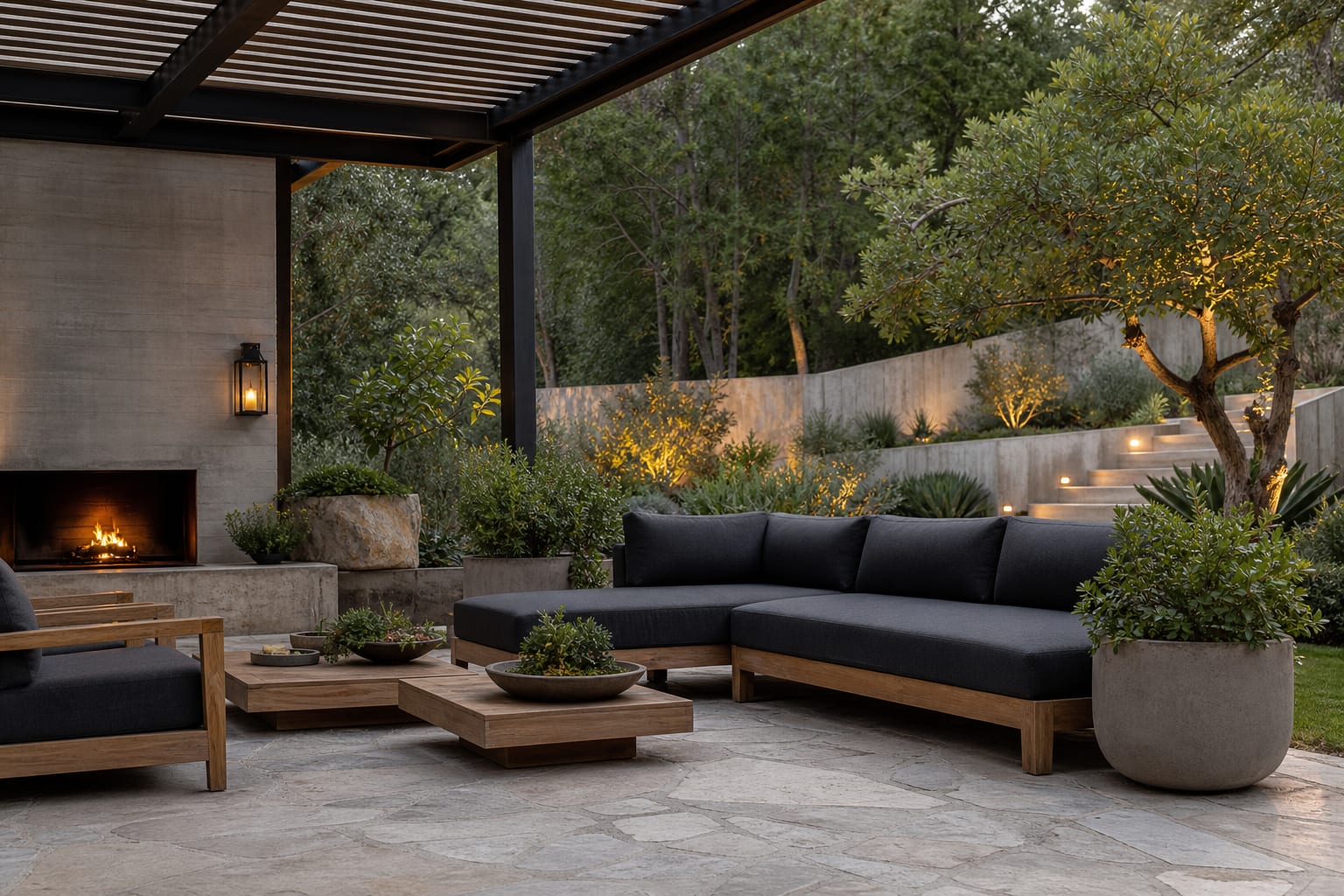 weather resistant outdoor sofa with teak frame, charcoal cushions, low tables, planters, and a shaded patio lounge layout