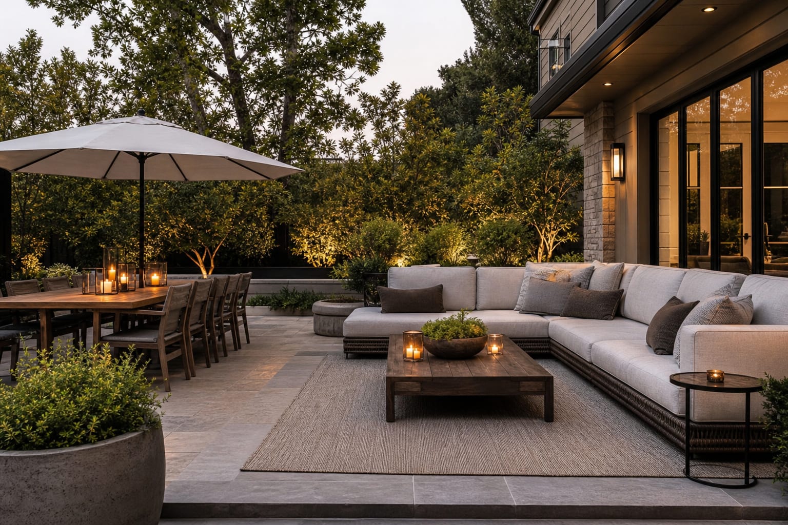 scaled outdoor sectional beside a dining area with clear circulation, umbrella shade, planters, and small tables within reach