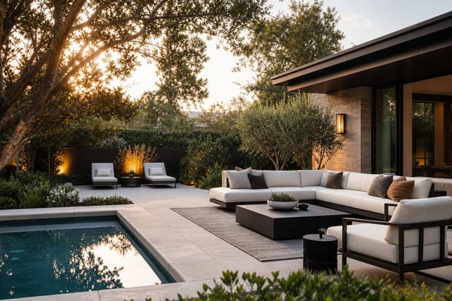 Outdoor Sofa Ideas and Lounge Layouts That Survive the Elements shown as a photorealistic outdoor redesign with layered materials, planting, lighting, and clear circulation