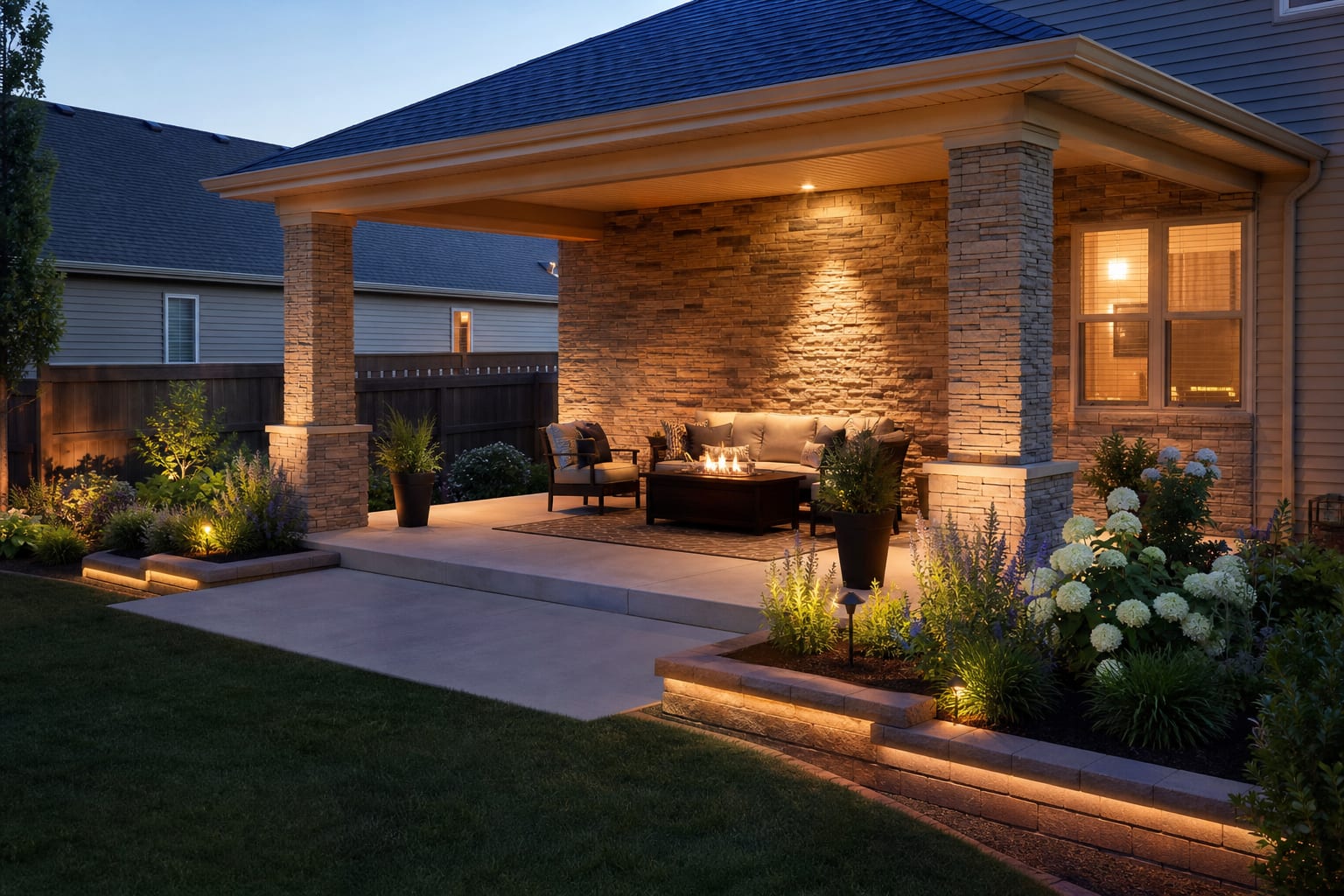 Same patio angle with warm stone veneer on the wall and pillars, capstones, layered planters, lounge furniture, and soft exterior lighting.