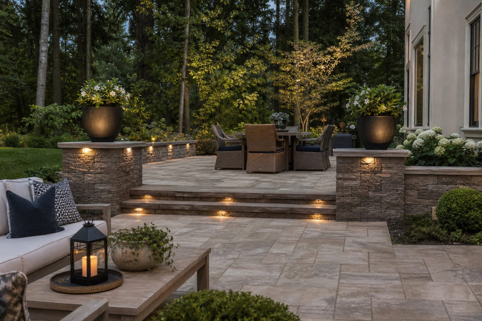 Patio wall and square pillars wrapped in warm gray stone veneer with capstones, planters, and soft step lighting.