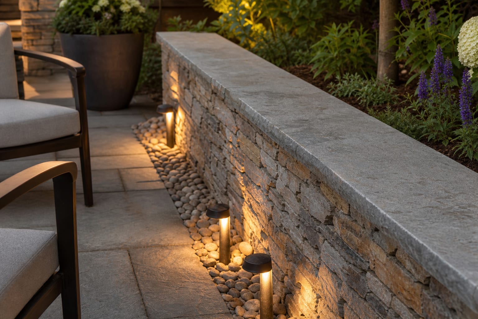 Close view of capped stone veneer seat wall beside patio chairs with a gravel reveal, planted border, and warm path lights.