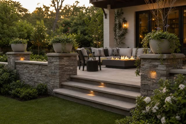 Patio wall and square pillars wrapped in warm gray stone veneer with capstones, planters, and soft step lighting.