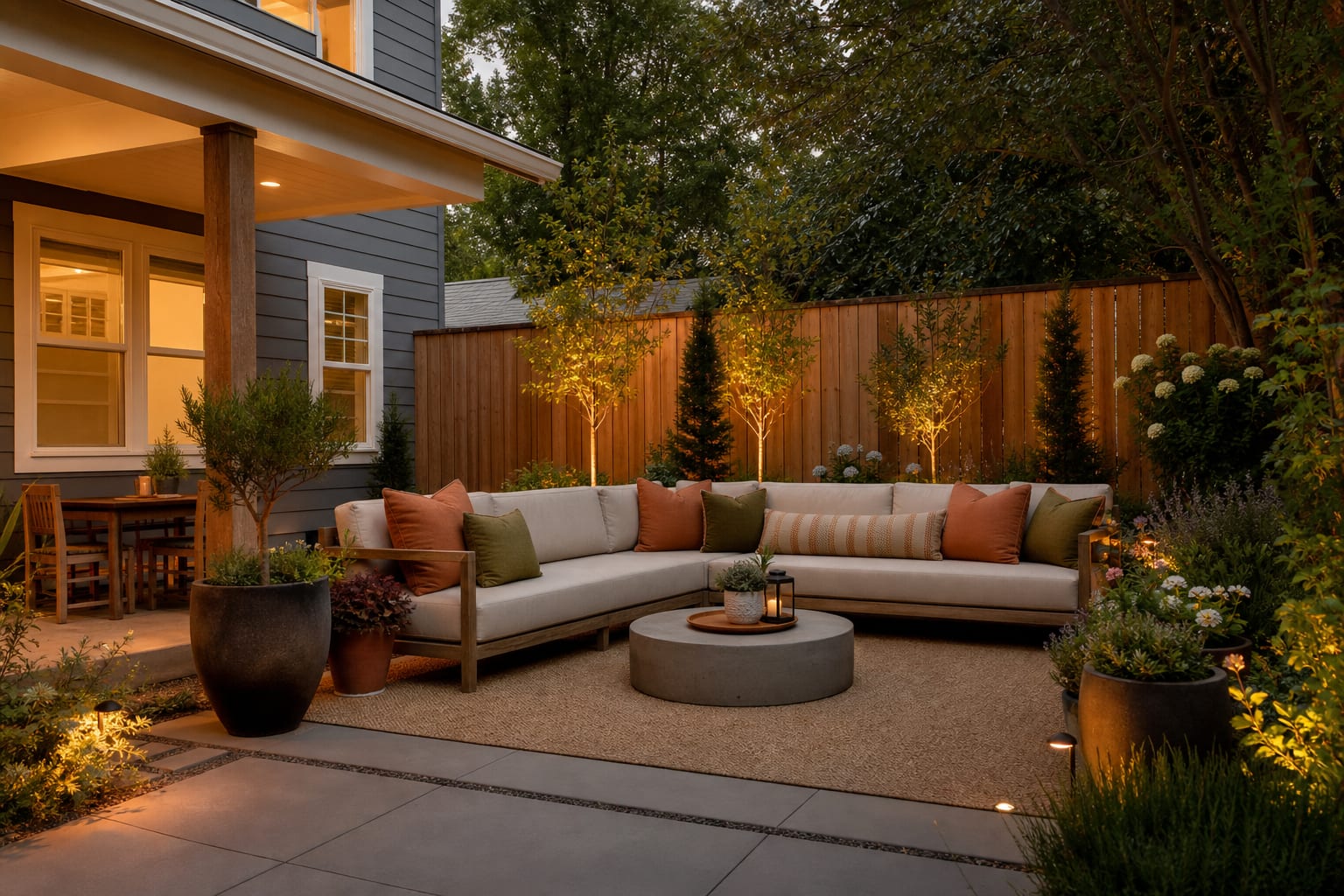 Same outdoor sofa with 22 inch corner pillows, lumbar cushions, repeated clay and olive colors, and coordinated patio planters.