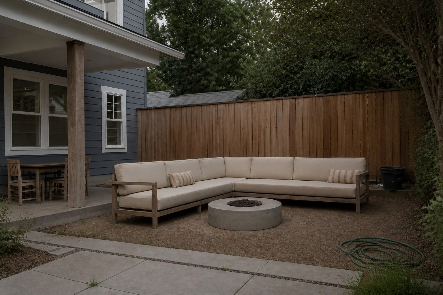 Bare outdoor sofa with thin beige cushions, two undersized faded pillows, and a patio seating area that looks unfinished.