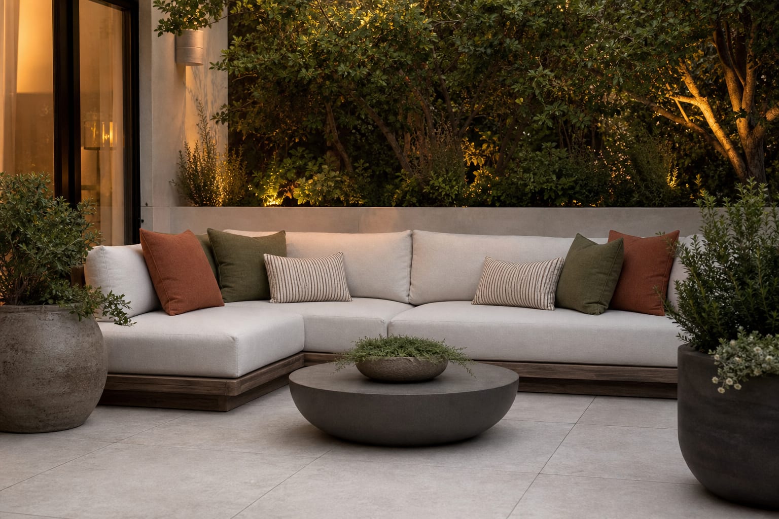 Outdoor sofa with olive and clay weatherproof pillows, striped lumbar cushions, porcelain patio tile, and planters framing the lounge.