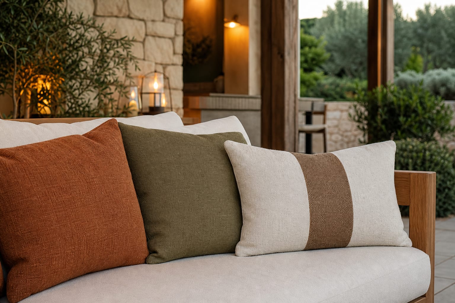 Close view of outdoor pillows in clay, olive, and cream with one wide stripe, drainable inserts, and textured fabric on a covered patio sofa.
