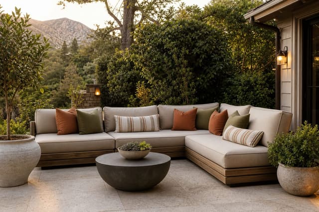 Outdoor sofa with olive and clay weatherproof pillows, striped lumbar cushions, porcelain patio tile, and planters framing the lounge.