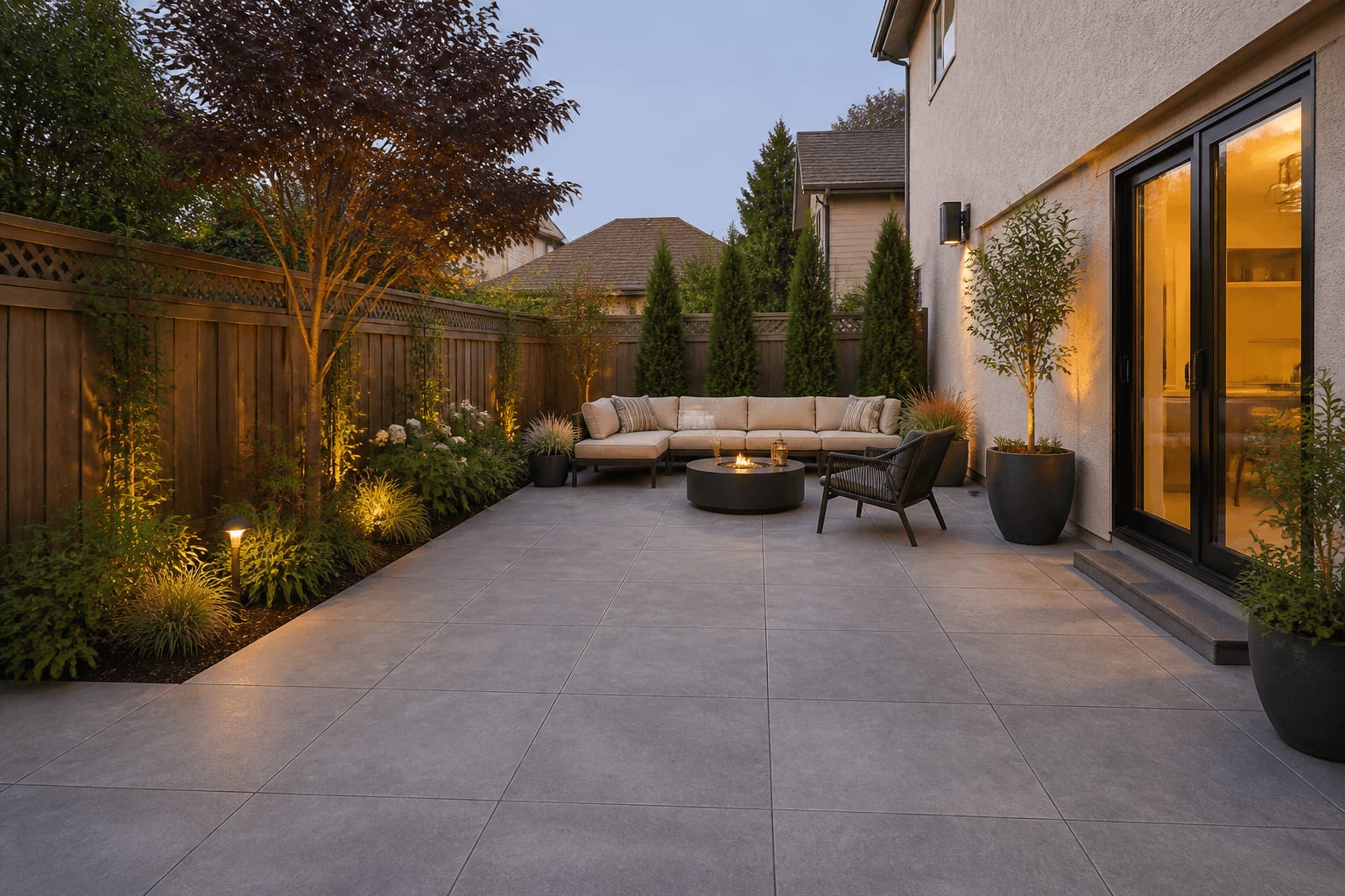 Same patio retiled in textured gray porcelain with clean joints and a grippy even surface after redesign