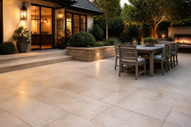 Outdoor Tile Ideas for Patios: Porcelain, Travertine, Concrete, and Slate Compared, shown as warm editorial Re-Design photography with believable residential scale, natural light, clear material detail, no overlaid text, no watermark