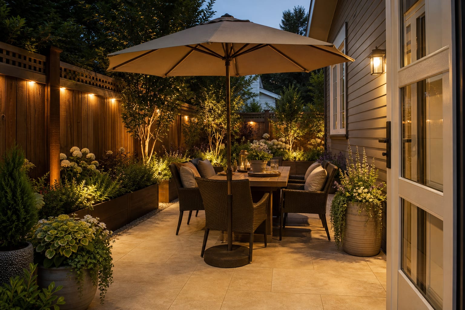 same patio with a larger taupe umbrella, weighted base, shaded dining chairs, warm planters, and clear walking space to the door