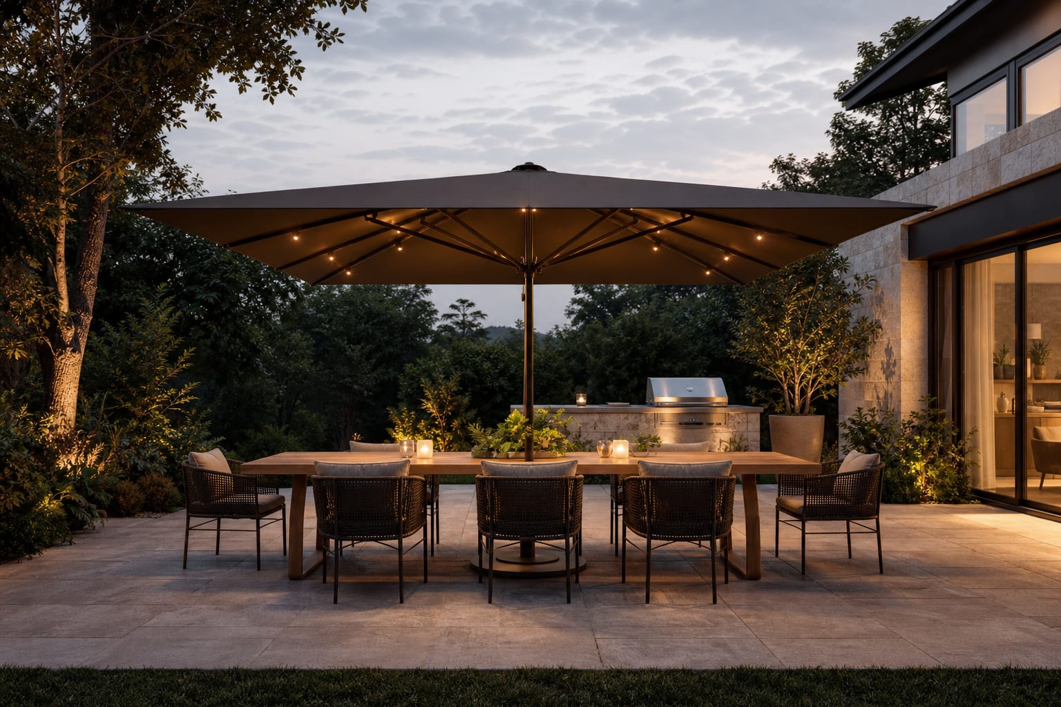 rectangular umbrella centered over a long outdoor dining table with weighted base, warm lights, and clear chair clearance