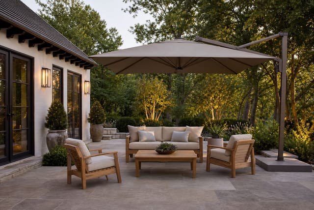 large taupe cantilever umbrella shading a patio lounge with stone pavers, teak chairs, and clear walking space