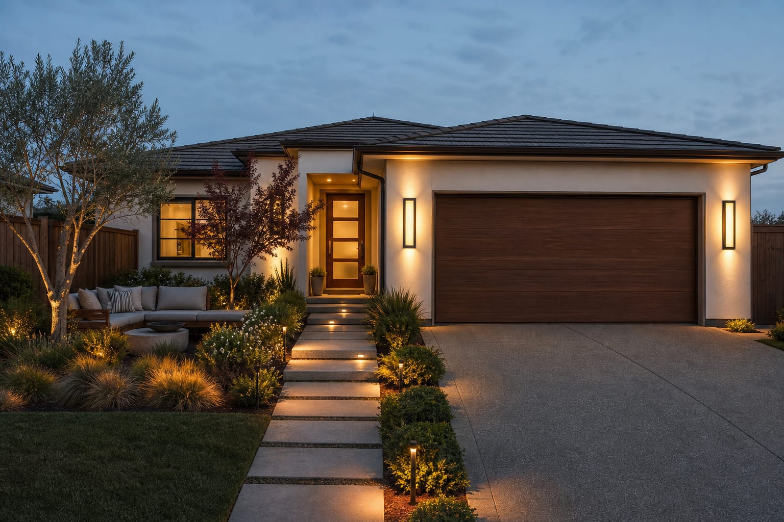 same front exterior with larger warm outdoor wall sconces flanking the entry and garage, creating a calmer evening rhythm.