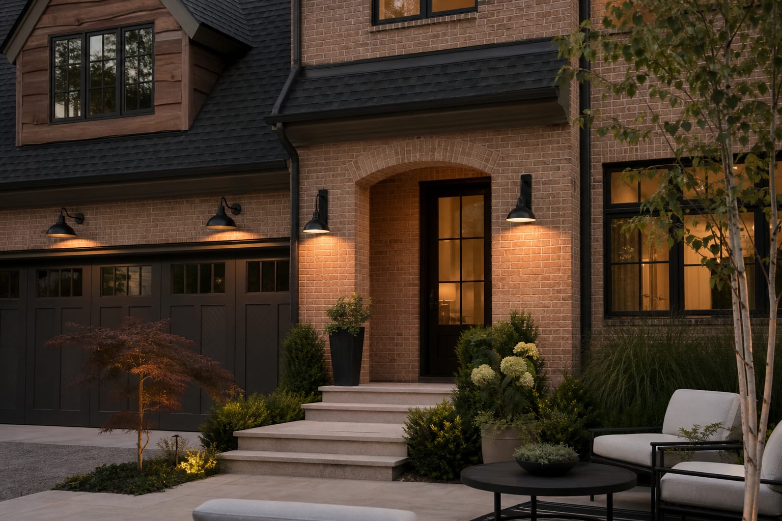 brick home entry with black outdoor wall sconces sized to the door, warm light, and matching garage fixtures