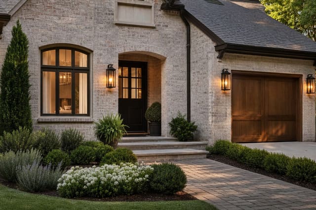brick home entry with black outdoor wall sconces sized to the door, warm light, and matching garage fixtures