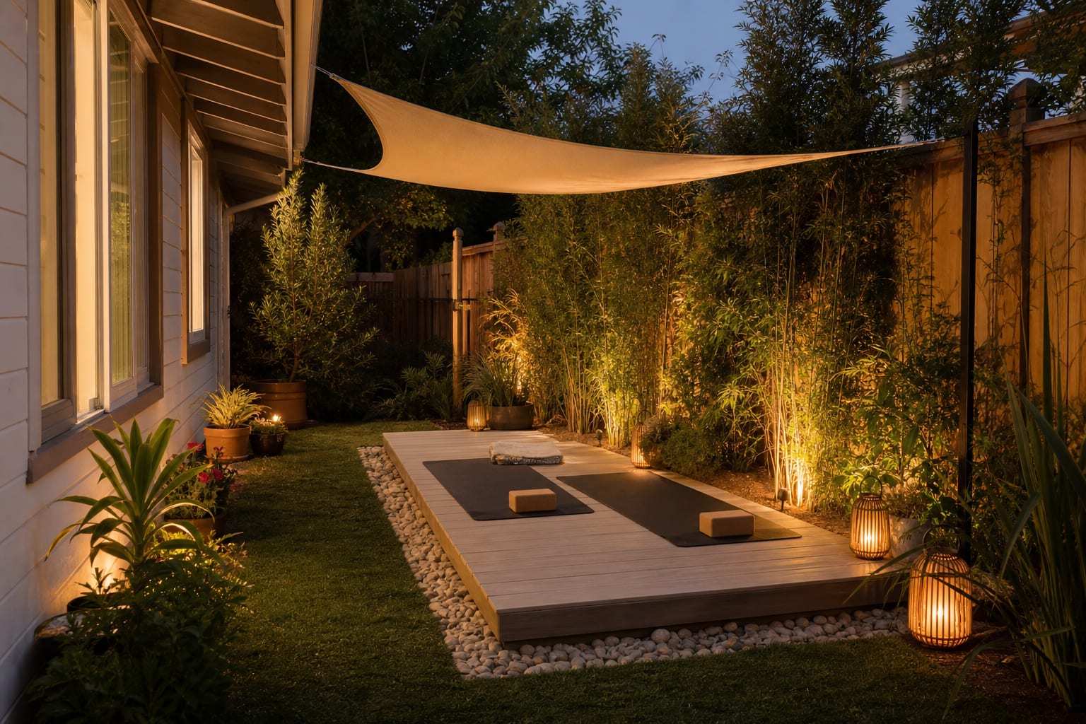 Same garden angle redesigned with a low yoga platform, layered privacy planting, gravel edge, shade sail, and soft lantern lighting.