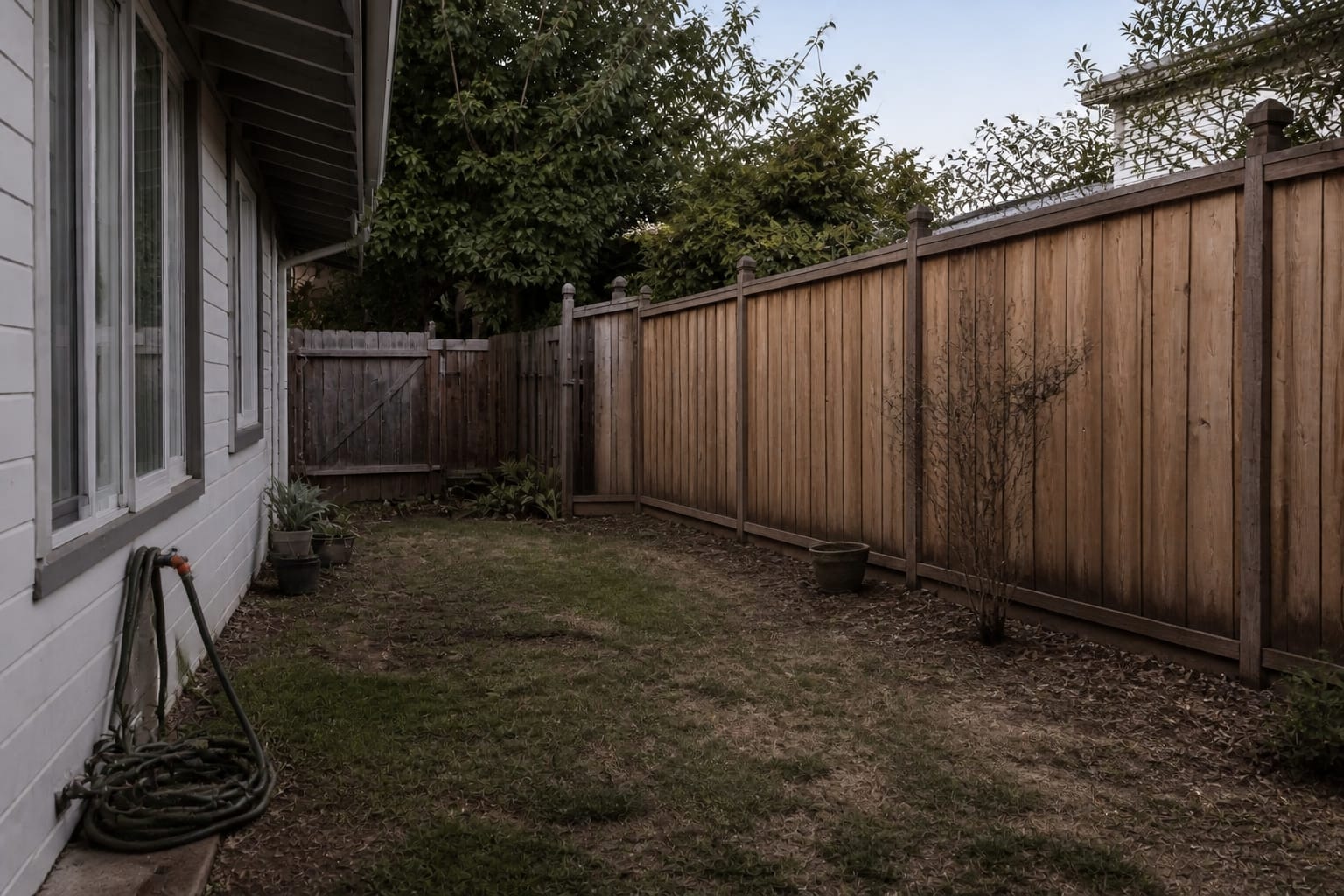 Patchy side yard with uneven grass, exposed fence, scattered pots, and no defined surface for outdoor yoga practice.