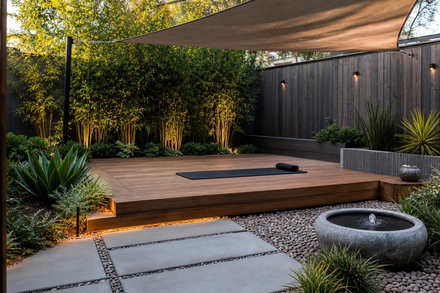 quiet backyard yoga platform with planting, shade sail, gravel border, and a single stone water bowl