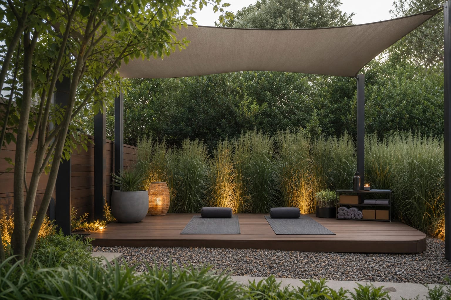 small garden yoga platform with shade sail, privacy grasses, gravel edging, and neatly stored props