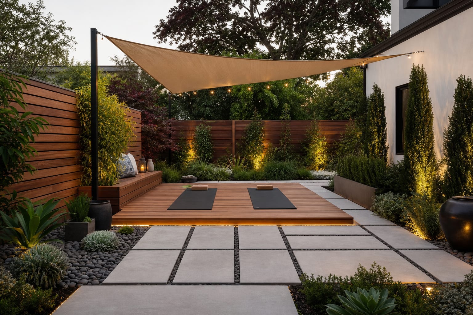 AI preview of a backyard yoga platform comparing cedar decking, large pavers, shade sail, and privacy planting options