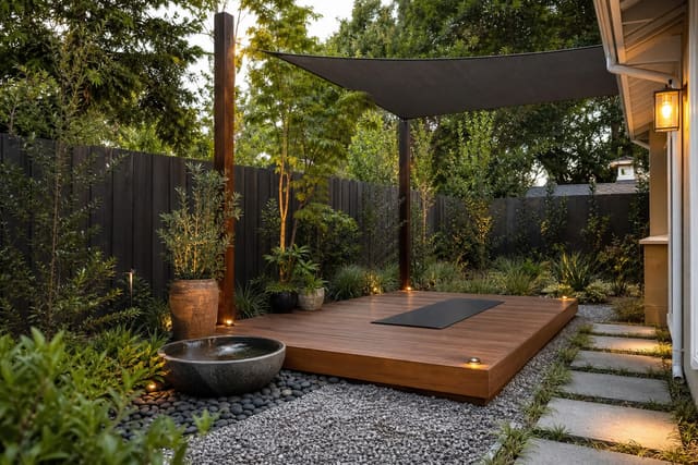 quiet backyard yoga platform with planting, shade sail, gravel border, and a single stone water bowl