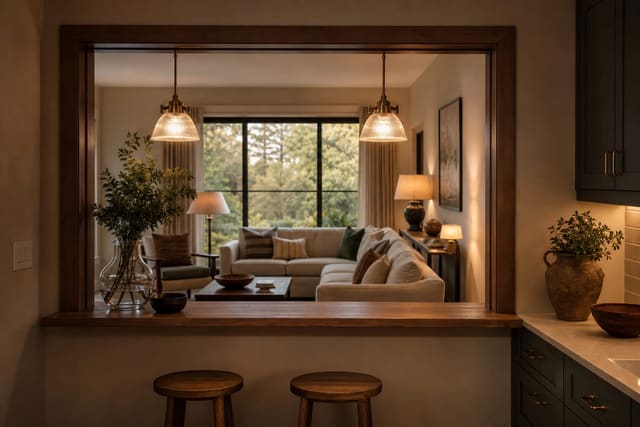 finished kitchen pass-through with wood casing, slim counter ledge, warm pendants, and living room seating aligned beyond