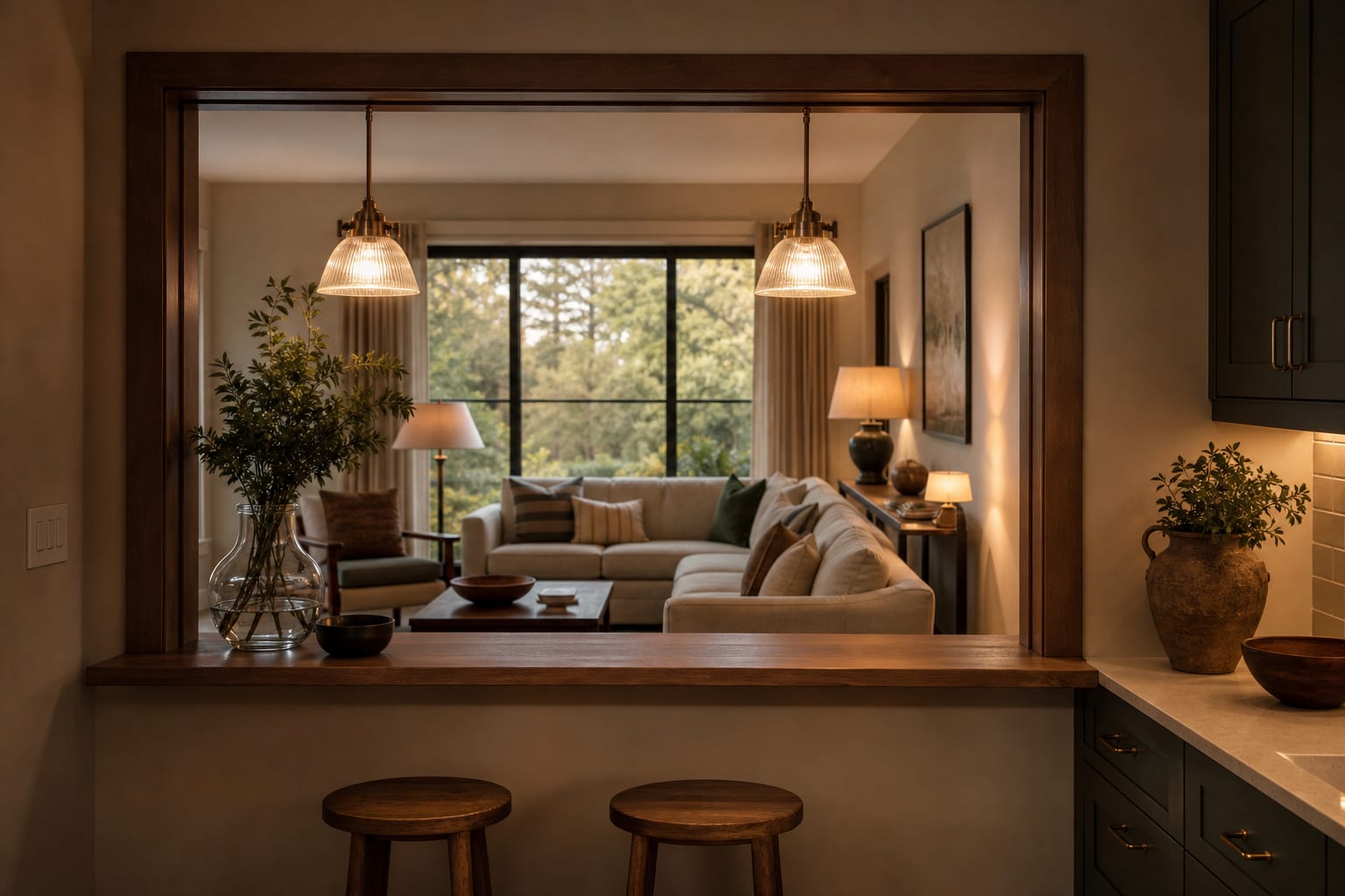 finished kitchen pass-through with wood casing, slim counter ledge, warm pendants, and living room seating aligned beyond