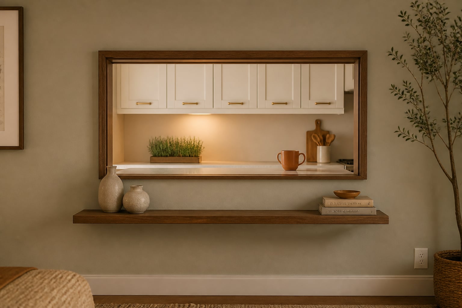 Same pass-through opening trimmed in walnut framing a calm white kitchen scene with brass hardware, a quartz counter, and a walnut floating shelf on the living-room side.