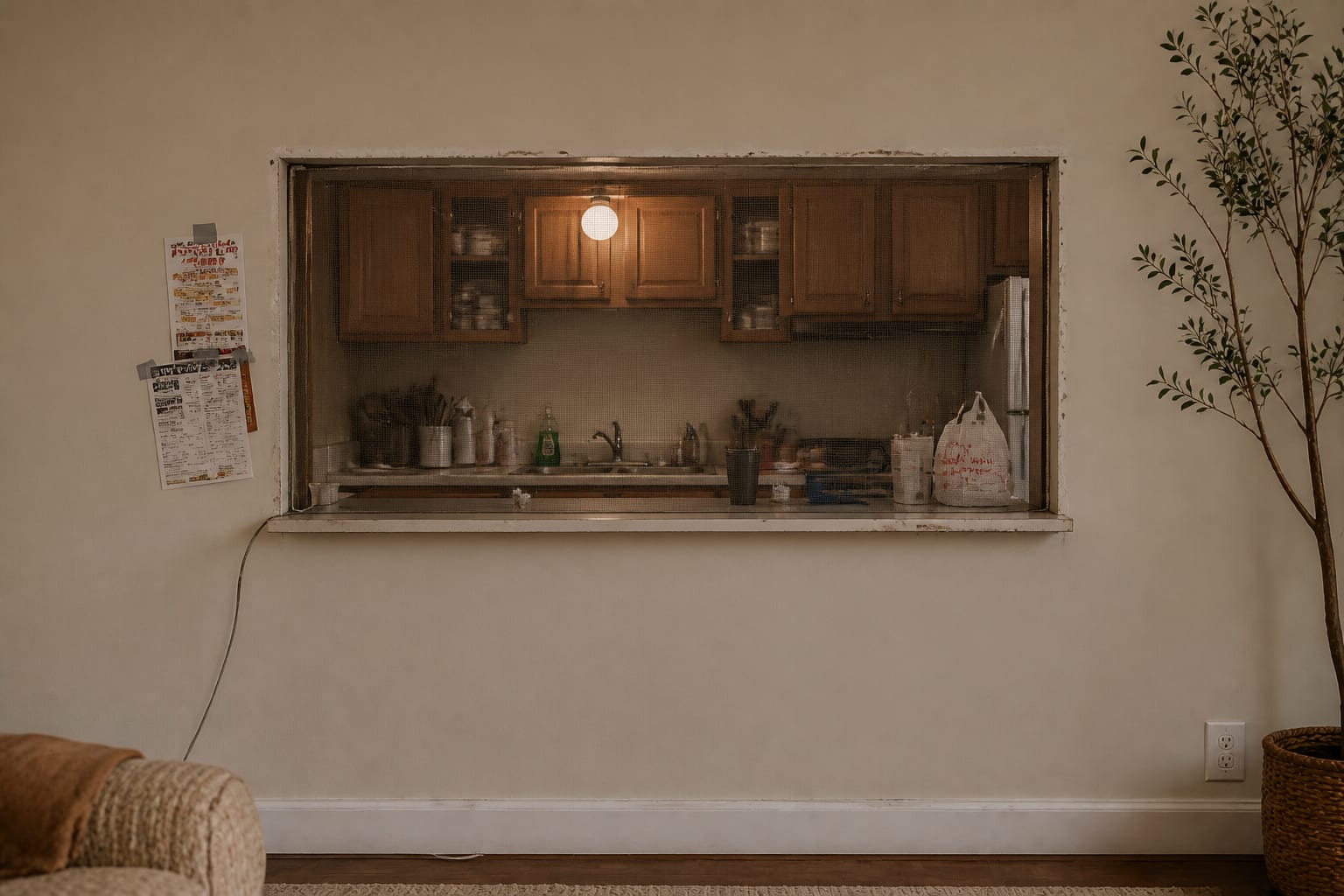 Pass-through kitchen opening with raw drywall edges, a stapled bug-screen, a cluttered orange-oak kitchen visible through, a bare ceiling bulb, and takeout menus taped to the living-room side.