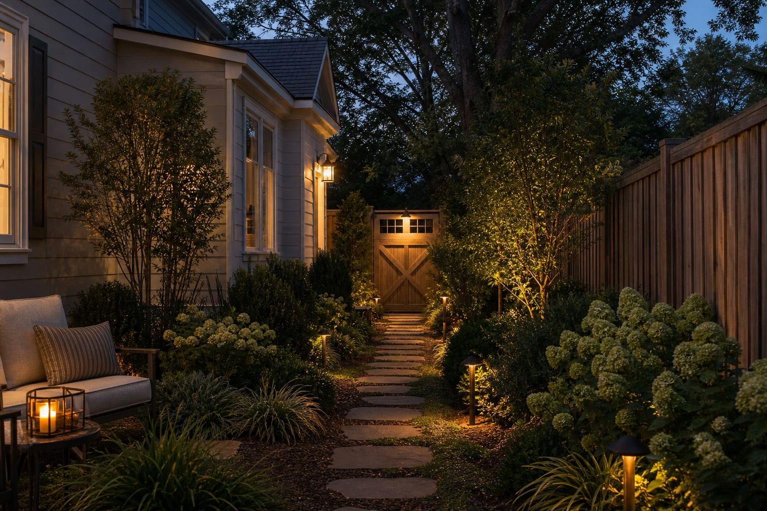 warm low voltage path lights guiding a curved stone walkway with planted borders and a softly illuminated gate