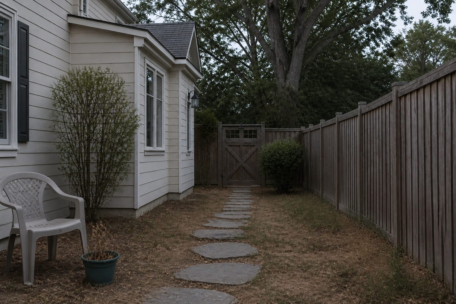 unlit garden path with dark shrubs, uneven stepping stones, and no visible edge or destination lighting