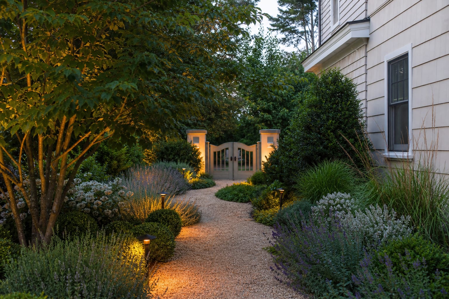 warm low voltage path lights along a curved gravel garden walkway with layered planting and a softly lit front gate
