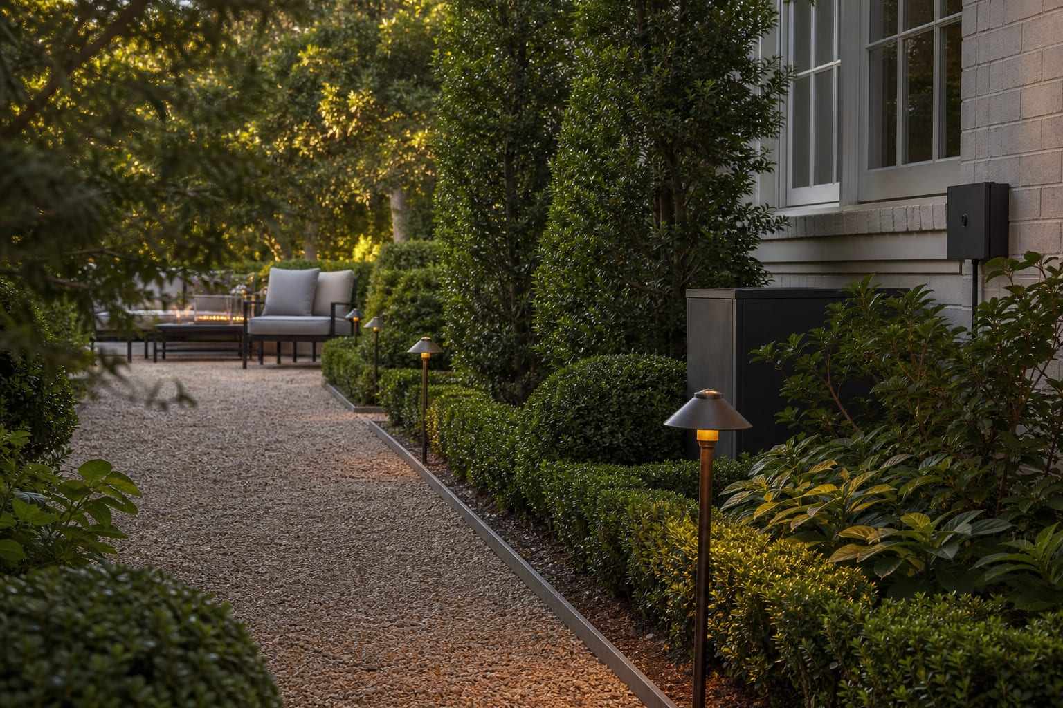low voltage transformer and bronze path lights planned beside a gravel walkway and clipped evergreen planting