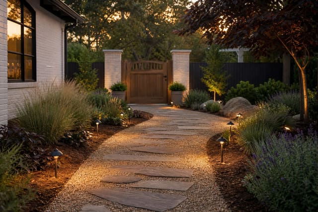 warm low voltage path lights along a curved gravel garden walkway with layered planting and a softly lit front gate